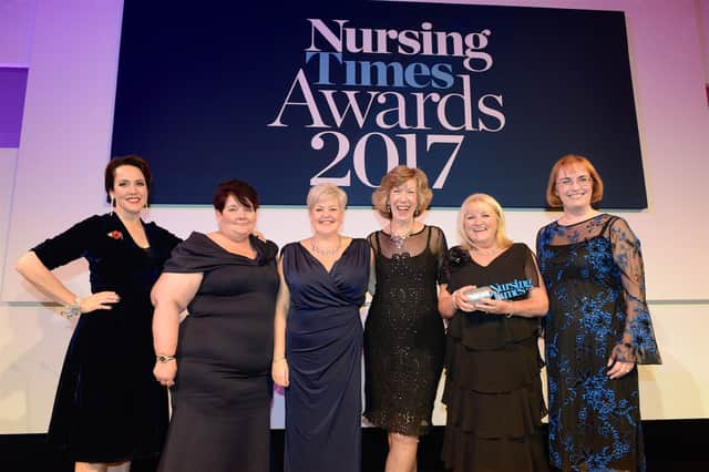 Jenny Middleton, editor of the Nursing Times; Vanessa Hague, healthcare assistant; Mandy Platts, deputy head of service; Carole Traunter, business manager; Linda Mills, head of service; Professor Jean White CBE, chief nursing officer for the Welsh Government.
