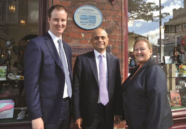 Communities Secretary Sajid Javid, unveiled a plaque to mark Rotherham winning The Great British High Street Town Centre category in September. He is pictured with Rotherham Borough Council leader Chris Read and commissioner Julie Kenny
