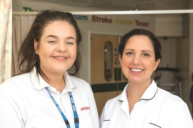 Pictured left to right: Therapy assistant apprentice Niamh Tideswell and Sara Basu, a clinical specialist in occupational therapy in the Stroke Team