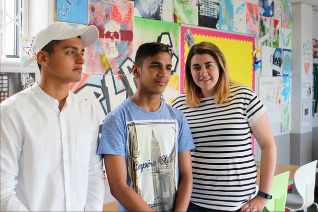 Nicola Harding, of Myplace, with Sam Slepcik (far left) and Mario Gabor, members of Myplace’s Senior Youth Club and Steering Group