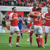 All smiles after Jerry Yates nets the Millers' fifth goal against Oldham.