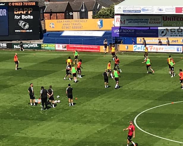 The Millers warm up before today's match at Mansfield Town