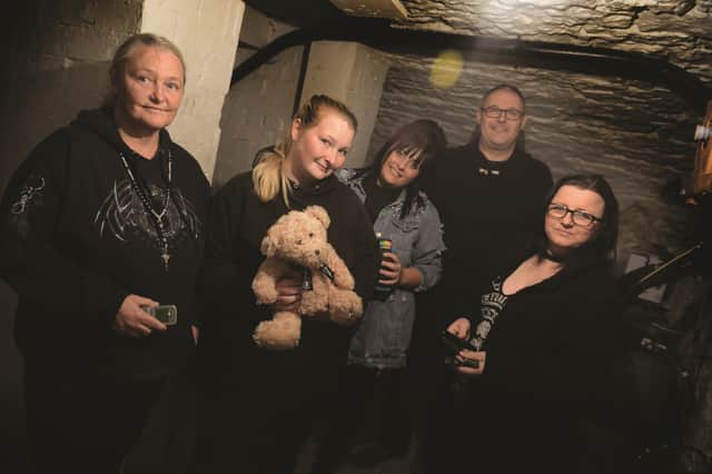 The Five Rivers Restaurant at Maltby was the venue for an overnight vigil by the Friends from Beyond Society.Pictured ghost hunting in the cellar are (left to right): Jill Lidster, Tia Marianne Marson, Demi Downes, Ty Downes and Shirley Downes. 171815-2
