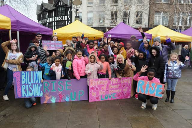 The Mayor of Rotherham was joined by representatives from women's groups and girls, along with female councillors, to dance and let off balloons in the town centre.