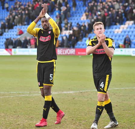 Semi Ajayi and Will Vaulks salute the Millers' travelling fans at Shrewsbury.