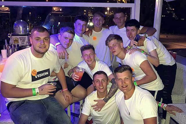 Lads: Sam (front) with his friends in Magaluf