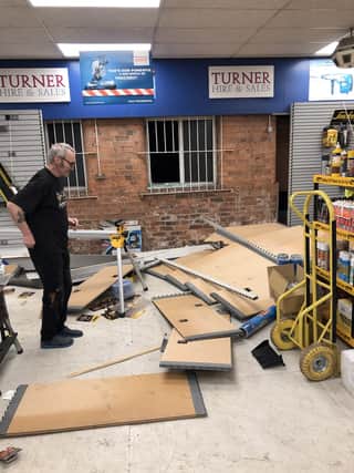 Turner Hire and Sales assistant branch manger, Alan Wheway, surveys the damage caused by the March break-in