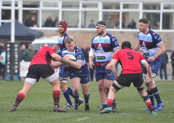 Rotherham try scorer Harry Newborn drives forward against Blaydon. Picture by Kerrie Beddows
