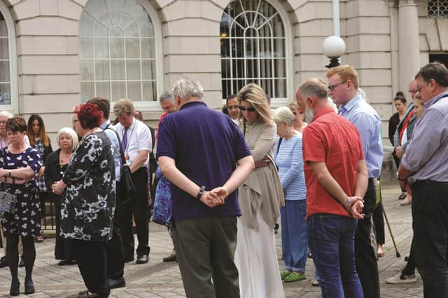 Crowds gathered outside Rotherham Town Hall for a minute's silence following the Manchester terror attack a fortnight ago