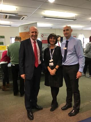 John Healey (left) at the Jobcentre Jobsfair along with Karen Hall and Paul Boyd from Rotherham Jobcentre