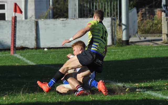 Seb Nagle-Taylor goes over for a try in the recent win over Sale FC.