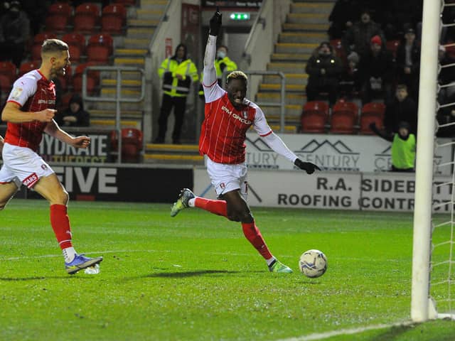 Freddie Ladapo scores for the Millers. Pictures by Kerrie Beddows