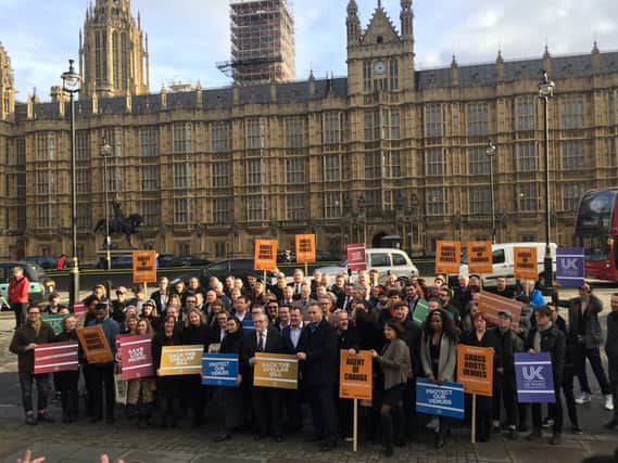 MPs and campaigners protesting outside Parliament