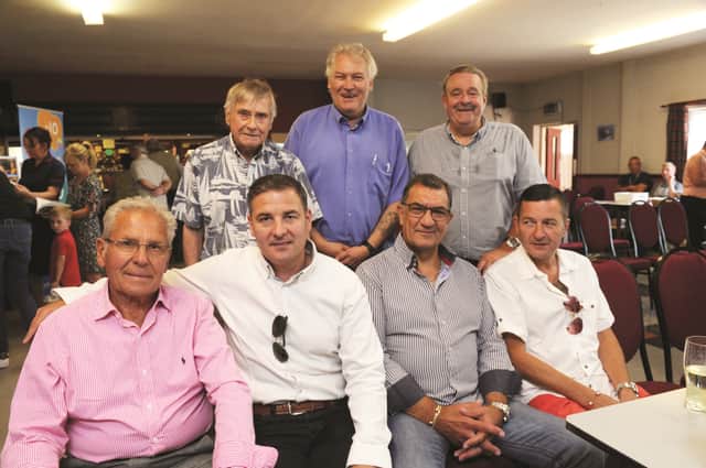 Pictured are members of the train drivers family (front, from left to right), David Wilsher (son), along with grandsons Tony, Graham and Dean Wilsher. Looking on are organisers of the event (from left to right), Mike Brearley, Ken Wyatt and Giles Brearley