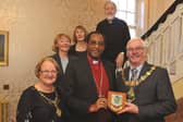 he Mayor and Mayoress of Rotherham, Cllr Alan and Mrs Sandra Buckley, are seen presenting a Rotherham crest shield to Bishop Eraste Bigirimana, from the Bujumbura Diocese of Burundi, during a recent visit. Seen also at the visit are (left to right) Carol Bracken, Linda Barnes and Canon Donald Werner. A school and University in Burundi have ties to Aston Academy, where the Bishop also visited. 184337