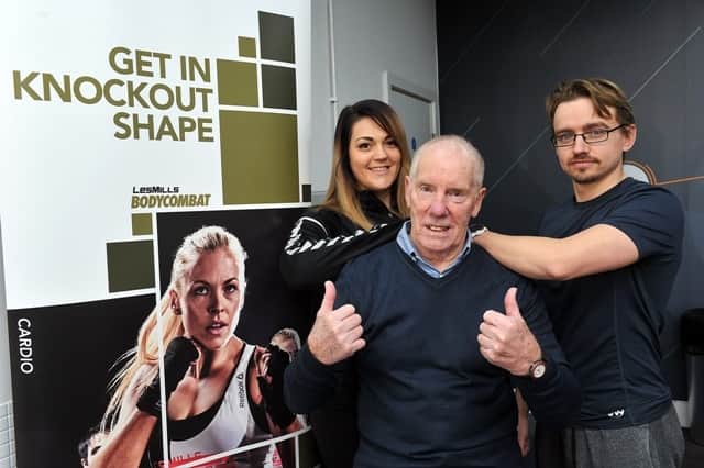 Ray Matthews with I-Motion gym manager, Tasha Wilde and personal trainer, Matt Ardron