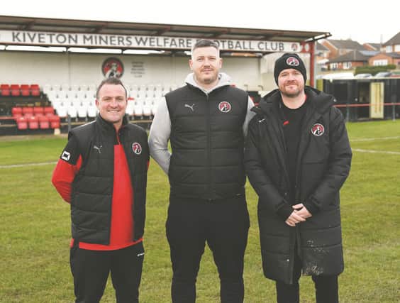 Kiveton MW chairman Kieran Gallagher (left) with manager Lee Thompson and assistant manager Jamie Smith earlier this year.