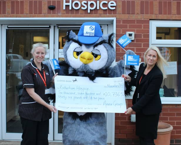 Pictured from left: Kelsi Sukumar, head of Rotherham Hospice inpatient unit, company mascot Arena Owl and hospice corporate fundraising manager Sharon Thompson