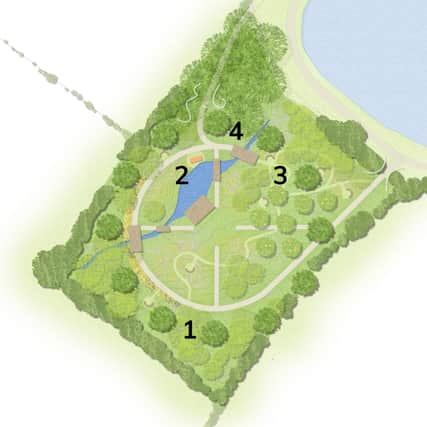 Hope Fields will include: a memorial art installation [1], pond and wetland [2], community orchard [3], and a new bird hide [4]