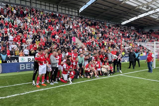 The class of 2023 ... the Millers celebrate their survival after beating Middlesbrough