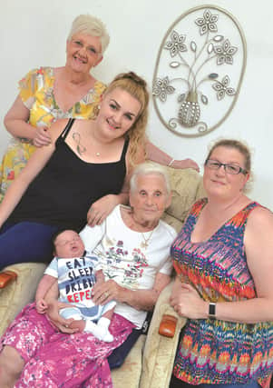 Five generations: New arrival Karter Jepson is pictured with (from left to right): great grandma Marlene Jepson, mum Bethany Jepson, great-great grandma Barbara Bush and grandma Tracy Jepson. 183944