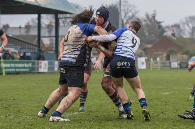 Kieran Frost drives over for one of Titans' two tries at Sale FC last weekend.