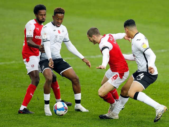 Ben Wiles and Matt Olosunde in first-half action. Picture by Jim Brailsford