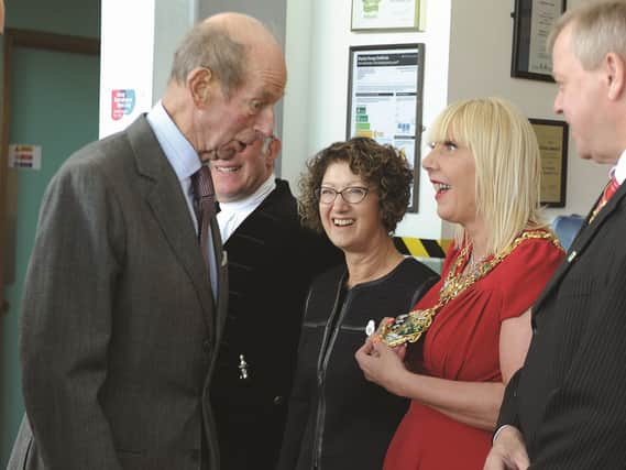Rotherham Hospital's new Urgent and Emergency Care Centre (UECC) was recently officially opened by HRH The Duke Of Kent KG. HRH is seen asking the Mayor of Rotherham, Cllr Eve Rose Keenan, about her chain of office. 171686-12