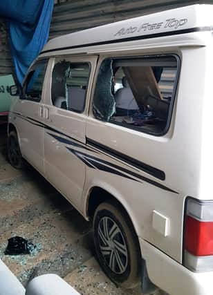 A Mazda campervan vandalised in the attack
