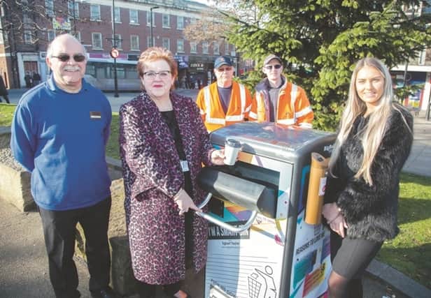 From left: The Works manager Gareth Masters, cabinet member Cllr Sarah Allen with Rotherham Council colleagues Graham Fields and Christopher Wells, and student Denver Milnes, with one of the new Bigbelly bins