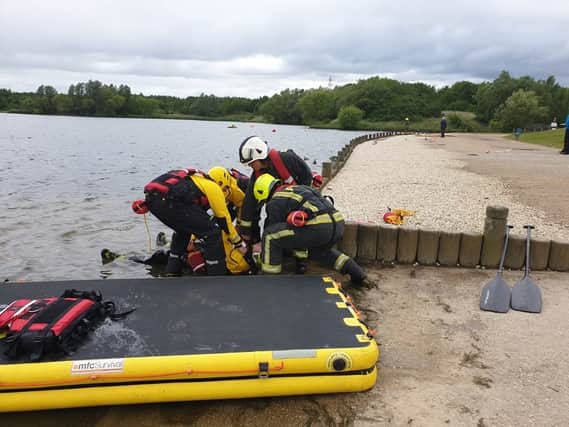 Fire crews in action on their exercise at Manvers Lake earlier this week.