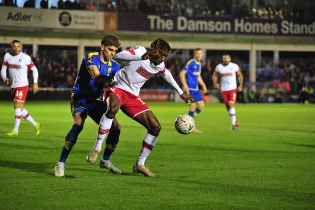 Freddie Ladapo in first-half action at Solihull. PIcture by Trevor Price