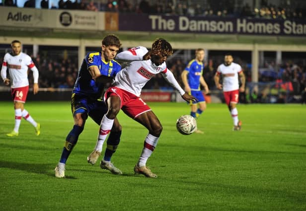 Freddie Ladapo in first-half action at Solihull. PIcture by Trevor Price