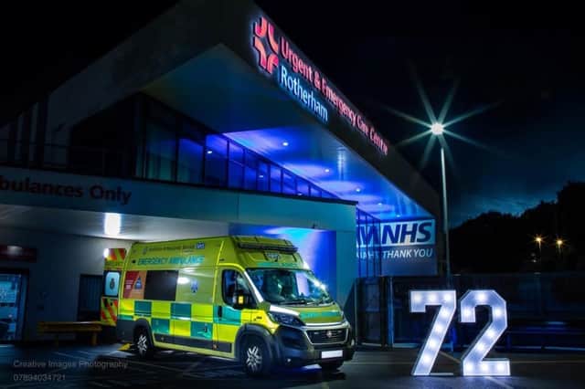 Caption: Rotherham Hospital’s Urgent and Emergency Care Centre was once again lit up blue to celebrate the 72nd birthday of the NHS. Photo credit: Creative Images.