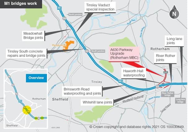 A map outlining where work is taking place along the M1 in the Rotherham and Sheffield areas