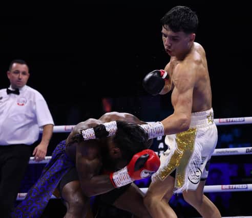 Junaid Bostan on his way to victory against Ryan Amos. Picture by Mark Robinson, Matchroom Boxing.
