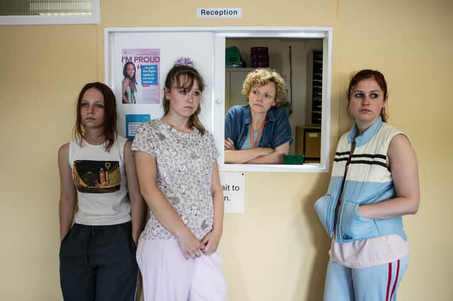 Picture Shows: Holly (Molly Windsor), Ruby (Liv Hill), Sara Rowbotham (Maxine Peake), Amber (Ria Zmitrowicz). Credit: BBC/Sophie Mutevelian