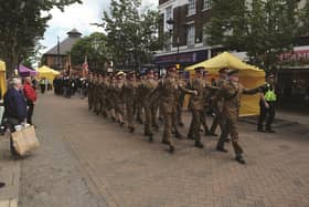 Armed Forces Day this year was marked with a parade through the town centre, with the Mayor taking the salute from 1 Horse Artillery Chestnut Troop, various armed forces associations and cadet troops.