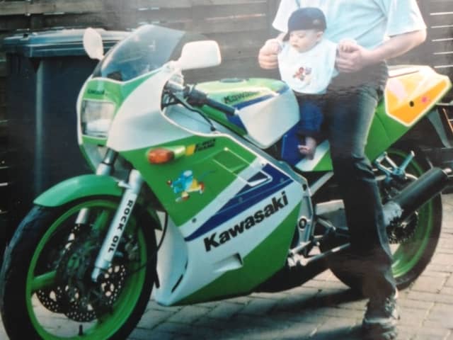 Mark and son Andrew pictured with his Kawasaki KR1S around 14 years ago