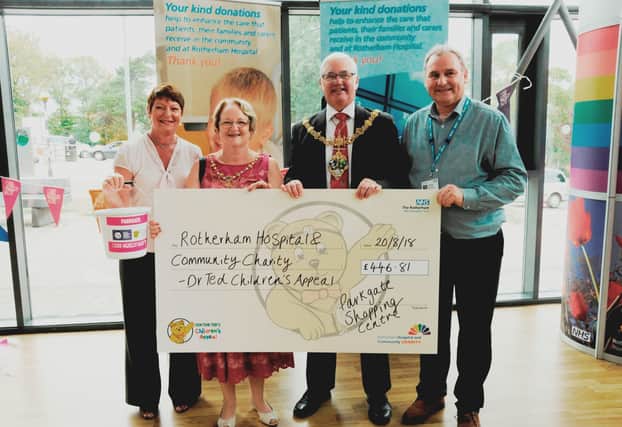 Left to right: Janet Drury from Parkgate Shopping Centre, the Mayor and Mayoress of Rotherham, Cllr Alan Buckley and Mrs Sandra Buckley, and George Briggs, chief operating officer at The Rotherham NHS Foundation Trust.