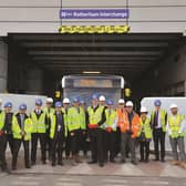 A 'Topping Out' ceremony was recently held at the Rotherham Interchange, to mark the half-way point in work to refurbish the building. Contractors and local councillors were given a tour of the site and finished with a photo under the new sign.