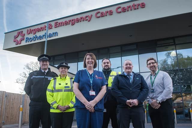 L-R:  Chief Insp Paul Ferguson, Sgt Sharon Phin, Patricia Davies, Urgent and Emergency Care Centre team leader; Michael Moore, security team leader; Vicky Pearson, assistant security manager and Tony Bennett, security manager at Rotherham Hospital