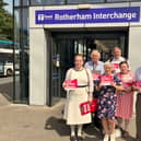From left: Labour councillors Amy Brookes, David Roche, Denise Lelliott, Dave Sheppard, Victoria Cusworth and Saghir Alam outside Rotherham bus station