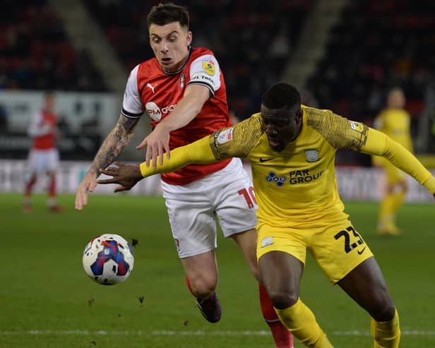 Jordan Hugill in first-half action for Rotherham. Picture by Kerrie Beddows