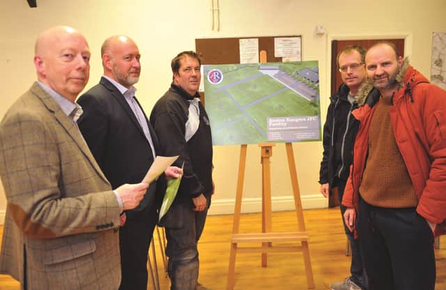 Pictured taking a look at the plans are (from left to right), Richard Percy, planning consultant, Gareth Rusling, treasurer Anston Rangers JFC, Richard Ball, general manger ARJFC, Stephen Crofts Under-13s manager ARJFC and Richard Lycett, ARJFC, welfare officer.