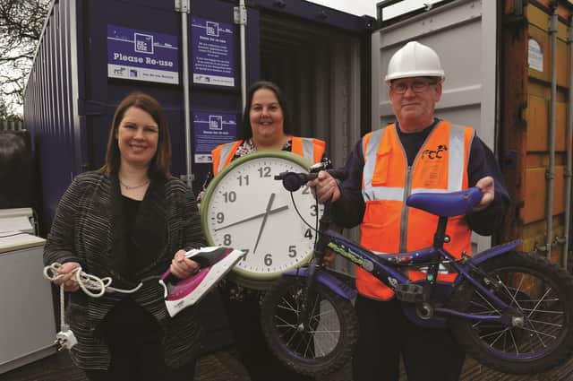 Pictured (from left to right) are, RMBC cabinet member for waste, Emma Hoddinott, BDR contract manager, Victoria Crabtree and FCC area supervisor for Rotherham, Paul Mace. 170530-1