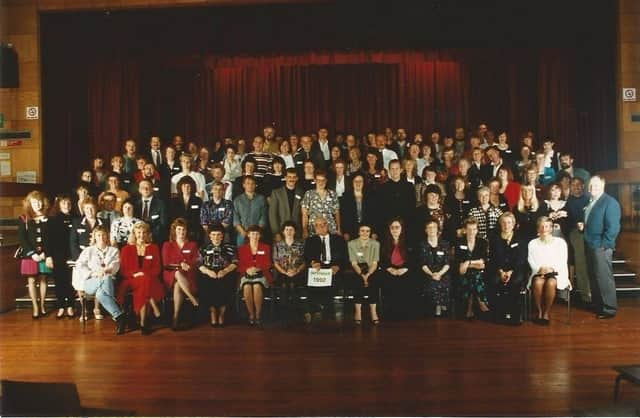 Ex-students and staff at the 1992 reunion, with ex-headteacher, George Shield, taking pride of place.