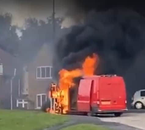 A van was consumed by flames in Thorpe Hesley yesterday