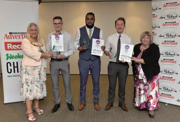 Apprentice Of The Year awards 2021. The Mayor and Mayoress of Rotherham, Cllr Jenny Andrews (left) and Jeanette Mallinder with category winners (from left to right), Henry Long (Advanced), Kamran Hussain (Intermediate) and Lewis Massie (Advanced/Degree).