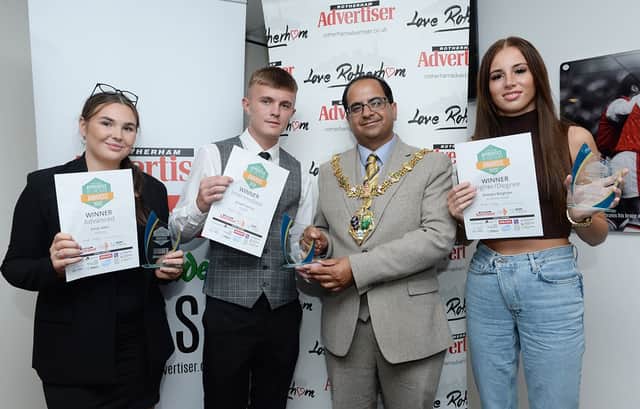 Rotherham Apprentice of the Year Award winners are pictured with judges and the Mayor of Rotherham Cllr Tajamal Khan. From left to right are: Advanced winner Emily Allen of AESSEAL, Joseph Harvey of Equans and Georgia Bingham of Ex-Animo Foods.